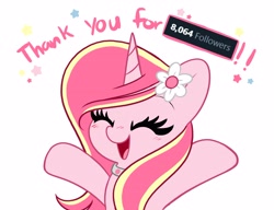 Size: 4096x3153 | Tagged: safe, artist:kittyrosie, oc, oc only, oc:rosa flame, pony, unicorn, blushing, cute, eyes closed, followers, meta, ocbetes, open mouth, simple background, solo, twitter, white background