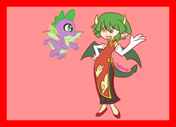 Size: 2600x1876 | Tagged: safe, artist:chelseawest, spike, dragon, g4, colored background, crossover, draco centauros, dragon hybrid, pointed ears, puyo puyo, tail, winged spike, wings