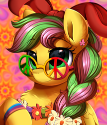 Size: 1722x2003 | Tagged: safe, artist:pridark, oc, oc only, oc:biolachan breeze, pegasus, pony, bust, commission, female, glasses, green eyes, hippie, mare, peace symbol, portrait, round glasses, smiling, solo