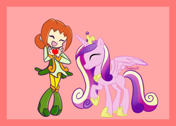 Size: 2600x1876 | Tagged: safe, artist:chelseawest, princess cadance, g4, ally (puyo puyo), colored background, crossover, heart, heart hands, puyo puyo, smiling