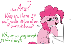 Size: 1784x1102 | Tagged: safe, artist:pinkberry, pinkie pie, oc, oc:anonymous, earth pony, pony, g4, brony, colored, ears back, fanboy, offscreen character, sketch, solo, speech, talking, uncomfortable