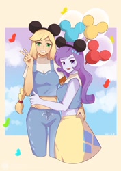 Size: 1448x2048 | Tagged: safe, artist:maoo720, applejack, rarity, equestria girls, g4, balloon, disney, disneyland, female, freckles, hat, lesbian, mickey balloon, mickey hat, open mouth, peace sign, ship:rarijack, shipping, smiling