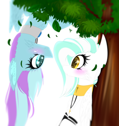 Size: 1838x1949 | Tagged: safe, artist:mediasmile666, oc, oc only, pegasus, pony, blushing, duo, female, jewelry, looking at each other, mare, pendant, tree