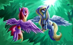 Size: 3127x1917 | Tagged: safe, artist:mediasmile666, oc, oc only, pegasus, pony, coat markings, duo, female, leaves, mare, red eyes, spread wings, wings