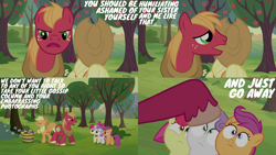 Size: 1280x720 | Tagged: safe, edit, edited screencap, editor:quoterific, screencap, apple bloom, applejack, big macintosh, scootaloo, sweetie belle, earth pony, pegasus, pony, unicorn, g4, my little pony: friendship is magic, ponyville confidential, season 2, angry, apple, apple bloom's bow, applejack is not amused, applejack's hat, big macintosh is not amused, bow, cowboy hat, cutie mark crusaders, eyes closed, female, filly, food, go away, hair bow, hat, male, mare, stallion, sweet apple acres, tree, unamused