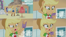 Size: 1280x720 | Tagged: safe, edit, edited screencap, editor:quoterific, screencap, applejack, rarity, vignette valencia, equestria girls, equestria girls series, g4, rollercoaster of friendship, applejack's hat, blushing, boots, bracelet, cellphone, clothes, cowboy boots, cowboy hat, crossed arms, denim skirt, dress, female, geode of shielding, geode of super strength, hat, high heels, jewelry, magical geodes, mannequin, necklace, open mouth, phone, rarity peplum dress, shoes, skirt, smartphone, smiling