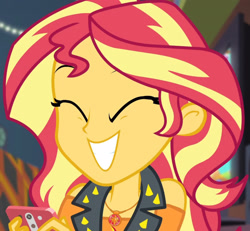 Size: 2075x1920 | Tagged: safe, screencap, sunset shimmer, costume conundrum, equestria girls, equestria girls series, g4, spoiler:eqg series (season 2), cellphone, clothes, cropped, cute, cutie mark, cutie mark on clothes, eyes closed, female, geode of empathy, jacket, jewelry, leather, leather jacket, magical geodes, necklace, phone, shimmerbetes, smartphone, smiling, solo