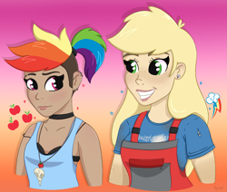 Size: 1959x1660 | Tagged: safe, artist:dyonys, applejack, rainbow dash, human, g4, blushing, bra, bust, choker, clothes, cutie mark, dark skin, ear piercing, earring, female, freckles, humanized, jewelry, lesbian, looking at each other, mohawk, overalls, piercing, ponytail, ship:appledash, shipping, smiling, underwear