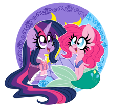 Size: 1280x1053 | Tagged: safe, artist:ladylullabystar, pinkie pie, twilight sparkle, mermaid, merpony, pony, g4, ariel, clothes, cosplay, costume, cute, diapinkes, mermaidized, rapunzel, simple background, species swap, tangled (disney), the little mermaid, transparent background, twiabetes