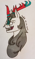 Size: 1800x3013 | Tagged: safe, artist:agdapl, kirin, bust, crossover, glasses, horn, kirin-ified, male, medic, open mouth, signature, smiling, solo, species swap, team fortress 2, traditional art
