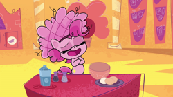 Size: 1280x720 | Tagged: safe, screencap, pinkie pie, earth pony, pony, g4.5, my little pony: pony life, princess probz, bipedal, crossed arms, egg, eyes closed, female, food, hairnet, open mouth, solo, volumetric mouth