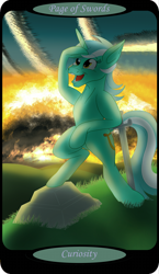 Size: 1500x2591 | Tagged: safe, artist:sixes&sevens, part of a set, lyra heartstrings, pony, unicorn, g4, bipedal, female, minor arcana, outdoors, page of swords, rock, solo, sunrise, sword, tarot card, weapon