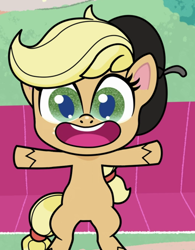 Size: 774x991 | Tagged: safe, screencap, applejack, earth pony, pony, g4.5, how applejack got her hat back, my little pony: pony life, beret, breaking the fourth wall, cropped, cute, female, hat, hooves in air, jackabetes, open mouth, solo
