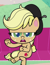 Size: 536x683 | Tagged: safe, screencap, applejack, earth pony, pony, g4, g4.5, how applejack got her hat back, my little pony: pony life, bench, beret, breaking the fourth wall, cropped, hat, open mouth, sitting, solo