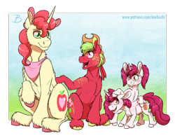 Size: 1920x1510 | Tagged: safe, artist:inuhoshi-to-darkpen, oc, oc only, oc:apple butter, oc:apple jam, oc:lil' pipin, oc:melrose, earth pony, pony, unicorn, colt, female, filly, male, offspring, parent:big macintosh, parent:sugar belle, parents:sugarmac, siblings, twins
