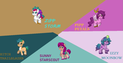 Size: 921x476 | Tagged: safe, artist:lillianlover2007, hitch trailblazer, izzy moonbow, pipp petals, sunny starscout, zipp storm, pony, pony town, g5, ball, horn, hornball, izzy's tennis ball, mane five, red eyes, red-eyed pipp, tennis ball