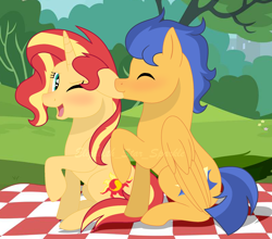 Size: 1956x1724 | Tagged: safe, artist:sunlightshimmer64, flash sentry, sunset shimmer, pony, unicorn, g4, female, male, nibbling, ship:flashimmer, shipping, straight