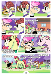 Size: 2100x3000 | Tagged: safe, artist:loryska, apple bloom, oc, oc:clarabelle, oc:conundrum solar flare, oc:niko, oc:plumeria, hybrid, pony, zony, comic:friendship grows, g4, adopted offspring, ear fluff, glasses, high res, leonine tail, magical lesbian spawn, offspring, older, parent:derpy hooves, parent:doctor whooves, parent:quibble pants, parent:rainbow dash, parent:sweetie belle, parents:doctorderpy, parents:quibbledash, round glasses, thick eyebrows, unshorn fetlocks