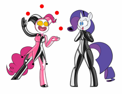 Size: 1017x786 | Tagged: safe, artist:latexia, pinkie pie, rarity, earth pony, unicorn, anthro, unguligrade anthro, g4, clapping, clothes, cute, duo, duo female, female, hat, hypnosis, hypnotized, jester, jester hat, jester pie, juggling, latex, latex suit, no pupils, open mouth, paint on fur, raribetes, shiny, simple background, swirly eyes, white background