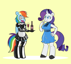 Size: 4000x3600 | Tagged: safe, artist:latexia, rainbow dash, rarity, pegasus, pony, unicorn, anthro, unguligrade anthro, g4, apron, big breasts, bracelet, breasts, busty rarity, clothes, dress, duo, duo female, ear piercing, earring, eyeshadow, female, folded wings, french maid, glass, gloves, high res, hypno dash, hypnosis, jewelry, latex, latex dress, latex socks, lidded eyes, maid, makeup, mare, no pupils, open mouth, piercing, rainbow maid, shiny, simple background, socks, stockings, swirly eyes, thigh highs, tray, wings