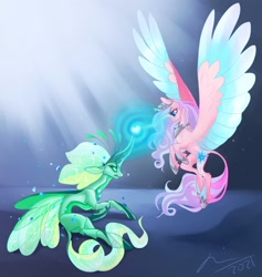 Size: 1805x1908 | Tagged: safe, artist:creeate97, princess flurry heart, queen chrysalis, alicorn, changeling, pony, g4, adult flurry heart, alternate design, crown, duo, female, flying, jewelry, magic, magic aura, older, older flurry heart, regalia
