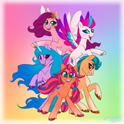 Size: 2000x2000 | Tagged: safe, artist:creeate97, hitch trailblazer, izzy moonbow, pipp petals, sunny starscout, zipp storm, earth pony, pegasus, pony, unicorn, g5, abstract background, concave belly, cute, female, fit, floating, group photo, happy, high res, male, mane five, mare, open mouth, physique difference, raised hoof, rearing, siblings, sisters, slender, smiling, stallion, standing, thin, unshorn fetlocks