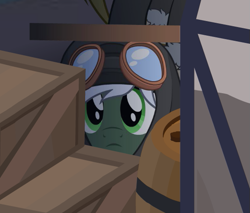 Size: 581x496 | Tagged: safe, artist:yudhaikeledai, oc, oc only, oc:summer breeze, frostpony, :c, barrel, boxes, clothes, crate, curiosity, curious, frown, goggles, hiding, hoodie, looking at you, looking up, male, peeking, plank, shadow, wood