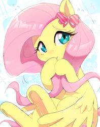 Size: 1337x1695 | Tagged: safe, artist:fuyugi, fluttershy, pegasus, pony, g4, abstract background, blushing, bow, covering mouth, cute, daaaaaaaaaaaw, ear bow, female, looking at you, mare, shyabetes, smiling, solo, sweat, sweatdrop, three quarter view, underhoof, wings, wings down