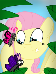 Size: 1080x1440 | Tagged: safe, artist:crossovercartoons, fluttershy, butterfly, insect, pegasus, pony, g4, artwork, cute, digital art, drawing, fluttershy day, fluttershy day 2021, front view, happy, leaves, looking down, looking up, raised hoof, solo
