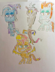 Size: 503x656 | Tagged: safe, artist:wudaiblackhole95, discord, lightning dust, sunset shimmer, trixie, bat pony, draconequus, pegasus, pony, unicorn, g4, g4.5, my little pony: pony life, bipedal, drawing, female, g4 to g4.5, gritted teeth, male, teeth