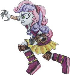 Size: 1500x1605 | Tagged: safe, artist:bozzerkazooers, artist:therandomone95, sweetie belle, equestria girls, g4, angry, bandage, boots, claws, clothes, cropped, elbow pads, jacket, knee pads, shoes, simple background, skirt, solo, transparent background, weapon