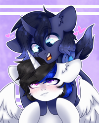 Size: 2000x2500 | Tagged: oc name needed, safe, artist:etoz, oc, oc only, alicorn, pony, unicorn, alicorn oc, blushing, commission, female, happy, high res, horn, hug, mare, open mouth, smiling, tsundere, unicorn oc, wingding eyes, wings, ych result