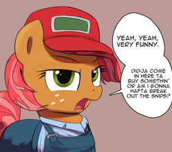 Size: 3000x2653 | Tagged: safe, artist:vultraz, babs seed, earth pony, pony, g4, baseball cap, cap, clothes, dialogue, drawthread, female, filly, hat, high res, looking at you, open mouth, overalls, parody, pun, requested art, shirt, sneed's feed and seed, solo, speech bubble