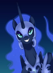 Size: 748x1024 | Tagged: safe, artist:maren, nightmare moon, alicorn, pony, g4, bust, featured image, female, gradient background, grin, hoof shoes, horn, long horn, mare, portrait, sharp teeth, signature, smiling, solo, sternocleidomastoid, teeth