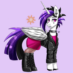 Size: 1900x1900 | Tagged: safe, artist:zachc, princess celestia, alicorn, pony, g4, alternate hairstyle, boots, choker, clothes, concave belly, female, horn, jacket, leather jacket, punklestia, shoes, simple background, slender, solo, spiked choker, thin, wings