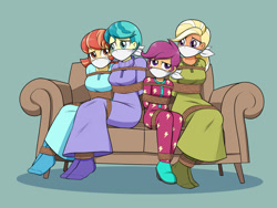 Size: 1600x1200 | Tagged: safe, artist:nivek15, aunt holiday, auntie lofty, mane allgood, scootaloo, equestria girls, g4, bondage, bound and gagged, cloth gag, clothes, couch, equestria girls-ified, footed sleeper, footie pajamas, gag, group, nightgown, onesie, over the nose gag, pajamas, quartet, rope, rope bondage, sitting, sleepover, sleepwear, slumber party, socks, tied up