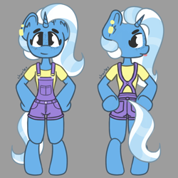 Size: 1280x1280 | Tagged: safe, artist:charleyhorsey, trixie, semi-anthro, g4, arm hooves, clothes, cute, diatrixes, ear piercing, earring, female, freckles, front view, jewelry, mare, overalls, piercing, rear view, shortalls, solo, tail, tail hole, tongue out