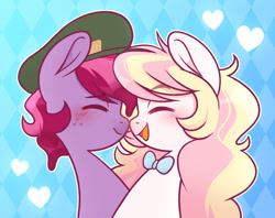 Size: 2332x1850 | Tagged: safe, artist:ninnydraws, oc, oc only, oc:jelly, oc:ninny, earth pony, pony, boop, bowtie, bust, closed mouth, couple, eyes closed, female, freckles, hat, male, noseboop, open mouth, profile