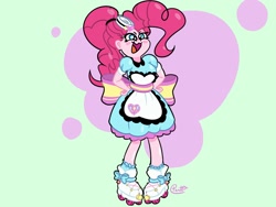 Size: 1600x1200 | Tagged: safe, artist:pertdegert, pinkie pie, equestria girls, g4, blushing, clothes, dress, hat, roller skates, skirt, smiling, solo