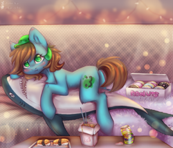 Size: 2925x2500 | Tagged: safe, artist:zefirka, oc, oc only, oc:neko, earth pony, pony, shark, :i, blushing, couch, donut, food, high res, noodles, plushie, slime, solo, sushi
