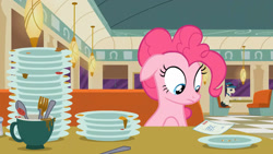Size: 1280x720 | Tagged: safe, edit, edited screencap, screencap, pinkie pie, pony, g4, the saddle row review, booth, cup, diner, dish, dishes, fat, fat edit, fork, obese, piggy pie, pudgy pie, solo, spoon, teacup