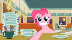 Size: 1280x720 | Tagged: safe, edit, edited screencap, screencap, pinkie pie, pony, g4, the saddle row review, booth, diner, dishes, fat, fat edit, grin, nervous, nervous smile, obese, piggy pie, pudgy pie, restaurant, smiling, solo