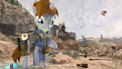 Size: 1920x1080 | Tagged: safe, artist:sykoart, oc, oc:calamity, oc:littlepip, oc:velvet remedy, pegasus, pony, unicorn, fallout equestria, 3d, desert, gun, handgun, little macintosh, nuka cola, nuka cola quantum, pipbuck, revolver, source filmmaker, wasteland