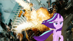 Size: 1920x1080 | Tagged: safe, edit, edited screencap, screencap, starlight glimmer, pony, unicorn, g4, the ending of the end, badass, bayformers, cool guys don't look at explosions, death, decepticon, explosion, frown, irl, michael bay, paramount pictures, photo, ponies in real life, starlight glimmer in places she shouldn't be, starscream, transformers, transformers dark of the moon