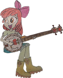 Size: 1209x1500 | Tagged: safe, artist:jebens1, artist:therandomone95, apple bloom, equestria girls, g4, apple bloom's bow, banjo, boots, bow, clothes, cropped, hair bow, jeans, musical instrument, pants, shirt, shoes, simple background, sitting, smiling, solo, transparent background