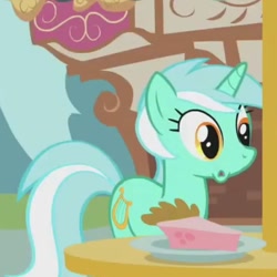 Size: 720x720 | Tagged: safe, screencap, lyra heartstrings, pony, g4, swarm of the century, :o, cropped, food, open mouth, pie, solo
