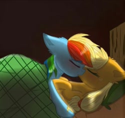 Size: 506x480 | Tagged: safe, artist:galaxy swirl, applejack, rainbow dash, earth pony, pegasus, pony, g4, bed, blanket, duo, duo female, eyes closed, female, kissing, lesbian, mare, ship:appledash, shipping