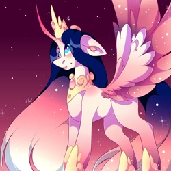 Size: 1080x1079 | Tagged: safe, artist:tessa_key_, oc, oc only, alicorn, pony, alicorn oc, crown, curved horn, ethereal mane, hoof shoes, horn, jewelry, peytral, regalia, solo, starry mane, wings