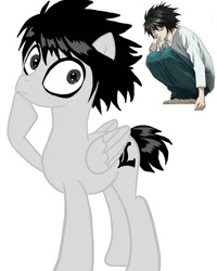 Size: 1080x1350 | Tagged: safe, artist:ponyrefaa, pegasus, pony, clothes, death note, duo, l lawliet, male, ponified, raised hoof, simple background, stallion, white background