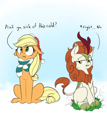 Size: 1280x1440 | Tagged: safe, artist:rocket-lawnchair, applejack, autumn blaze, earth pony, kirin, pony, g4, clothes, dialogue, female, floppy ears, scarf, snow